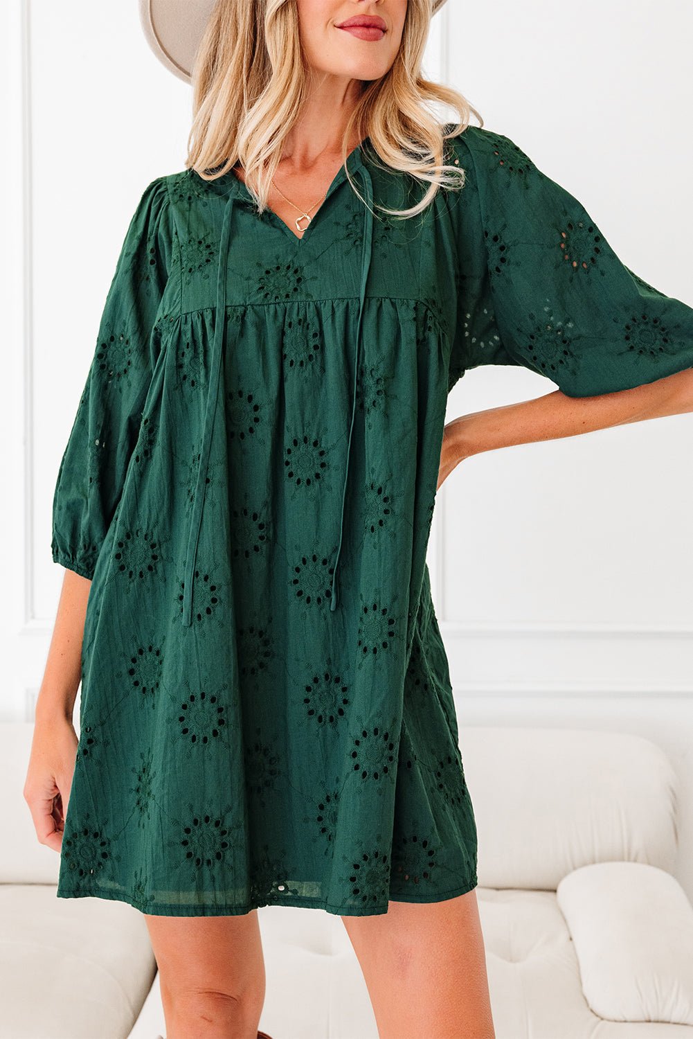 Solid Embroidered Eyelet 3/4 Sleeve Mini Dress - Rooted & Reckless Co.