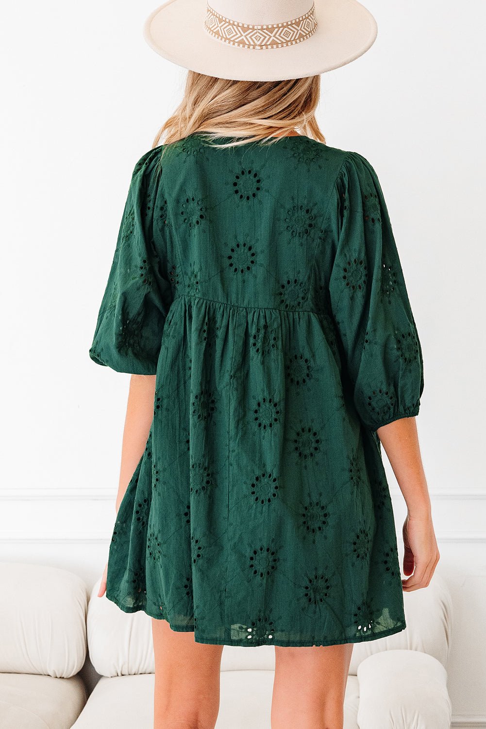 Solid Embroidered Eyelet 3/4 Sleeve Mini Dress - Rooted & Reckless Co.