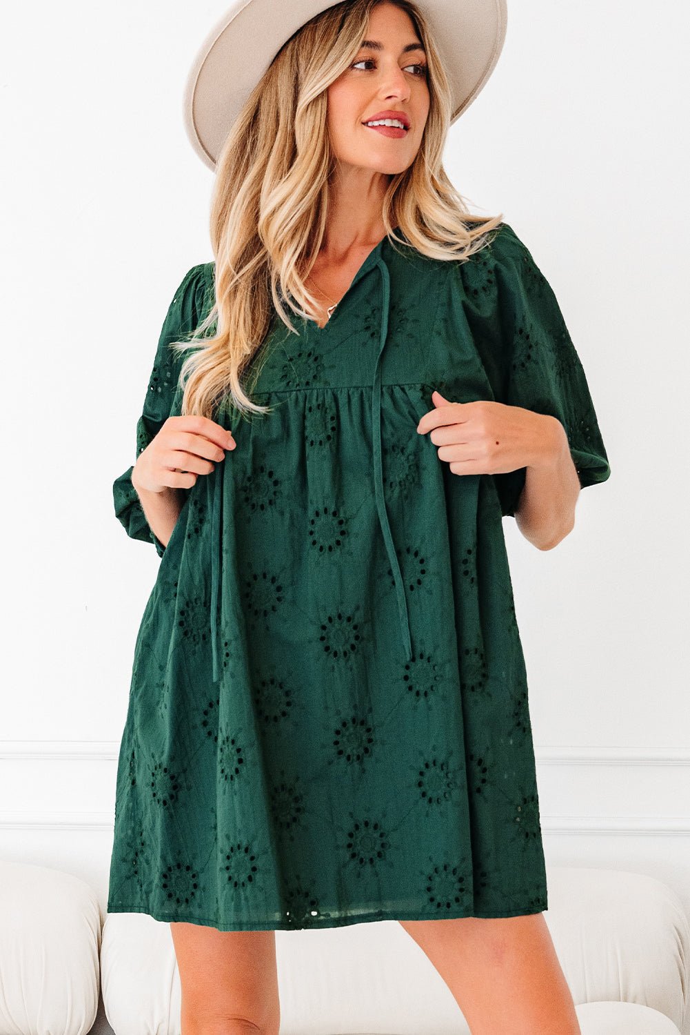Solid Embroidered Eyelet 3/4 Sleeve Mini Dress - Rooted & Reckless Co.