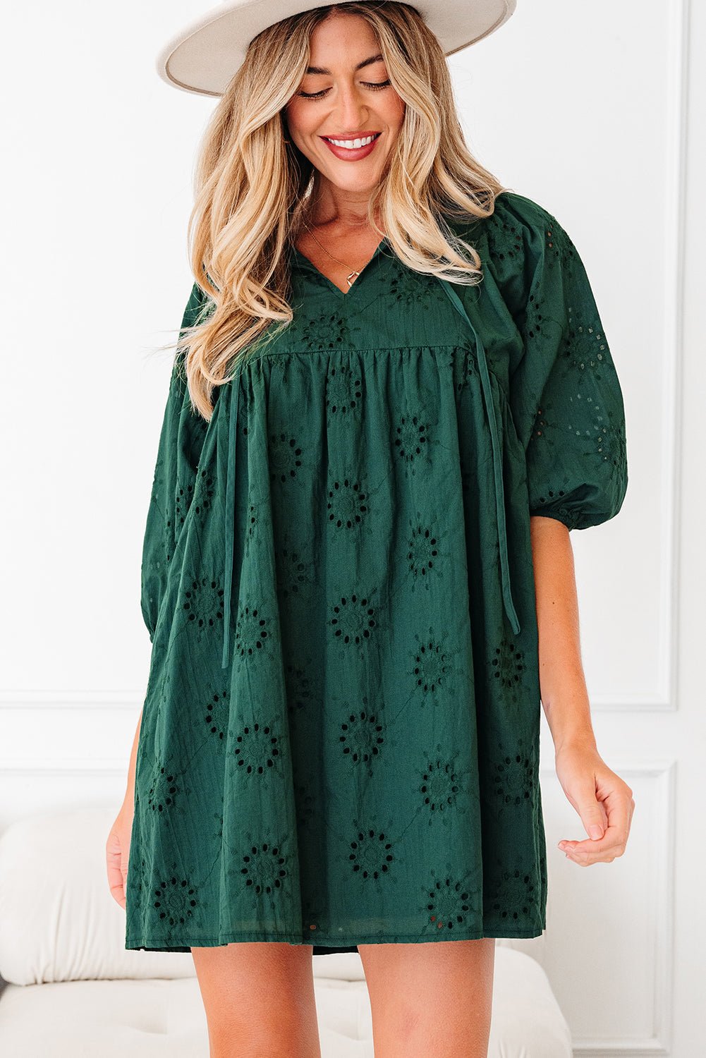 Solid Embroidered Eyelet 3/4 Sleeve Mini Dress - Rooted & Reckless Co.