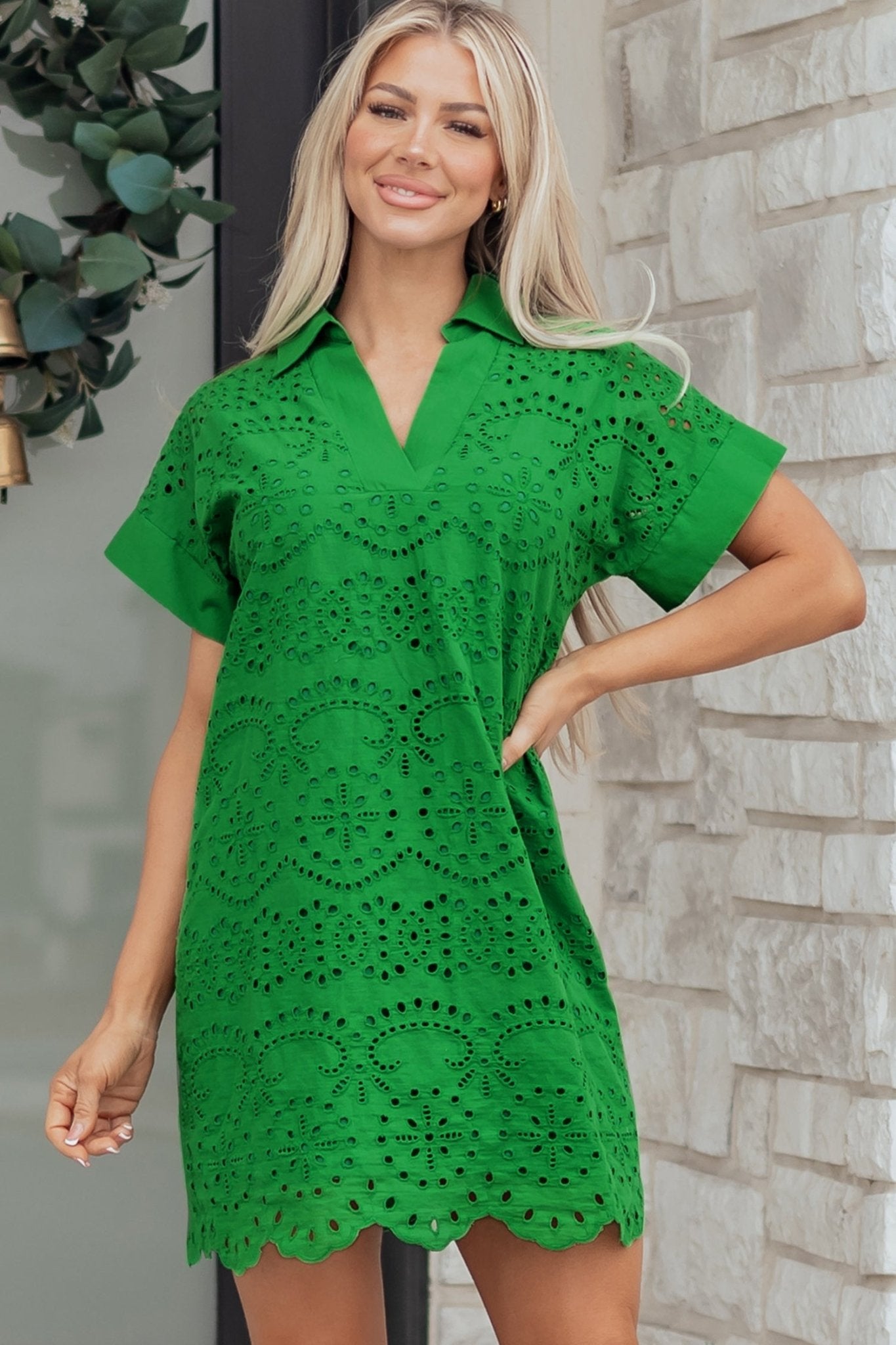 Solid Embroidered Eyelet Collared V-Neck Mini Dress - Rooted & Reckless Co.