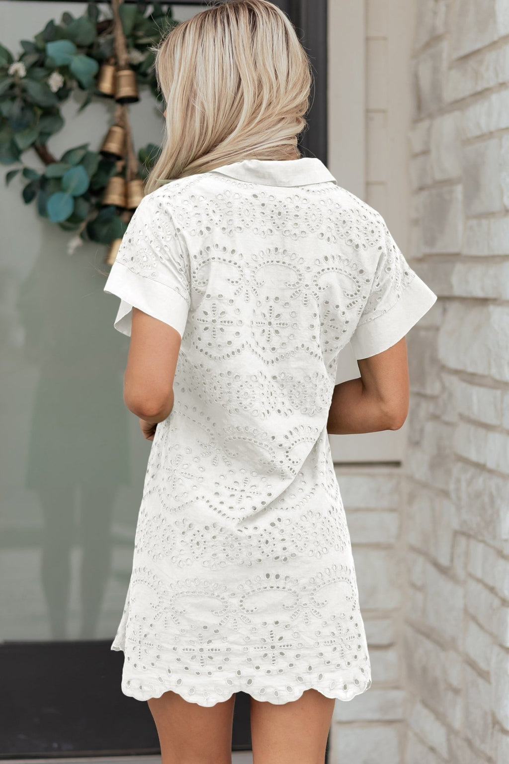 Solid Embroidered Eyelet Collared V-Neck Mini Dress - Rooted & Reckless Co.