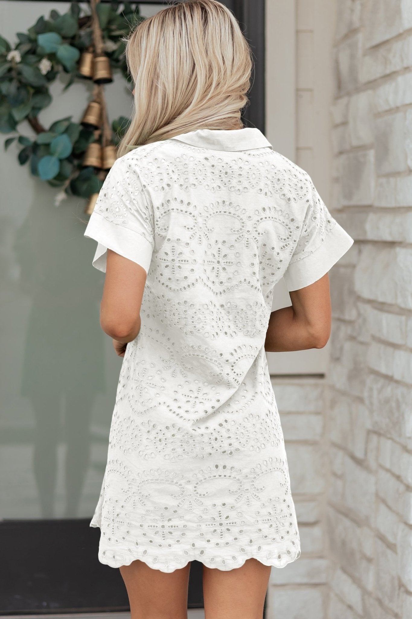 Solid Embroidered Eyelet Collared V-Neck Mini Dress - Rooted & Reckless Co.