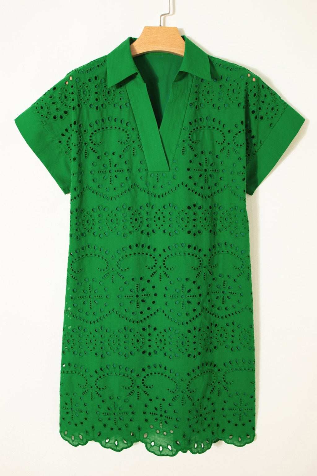 Solid Embroidered Eyelet Collared V-Neck Mini Dress - Rooted & Reckless Co.