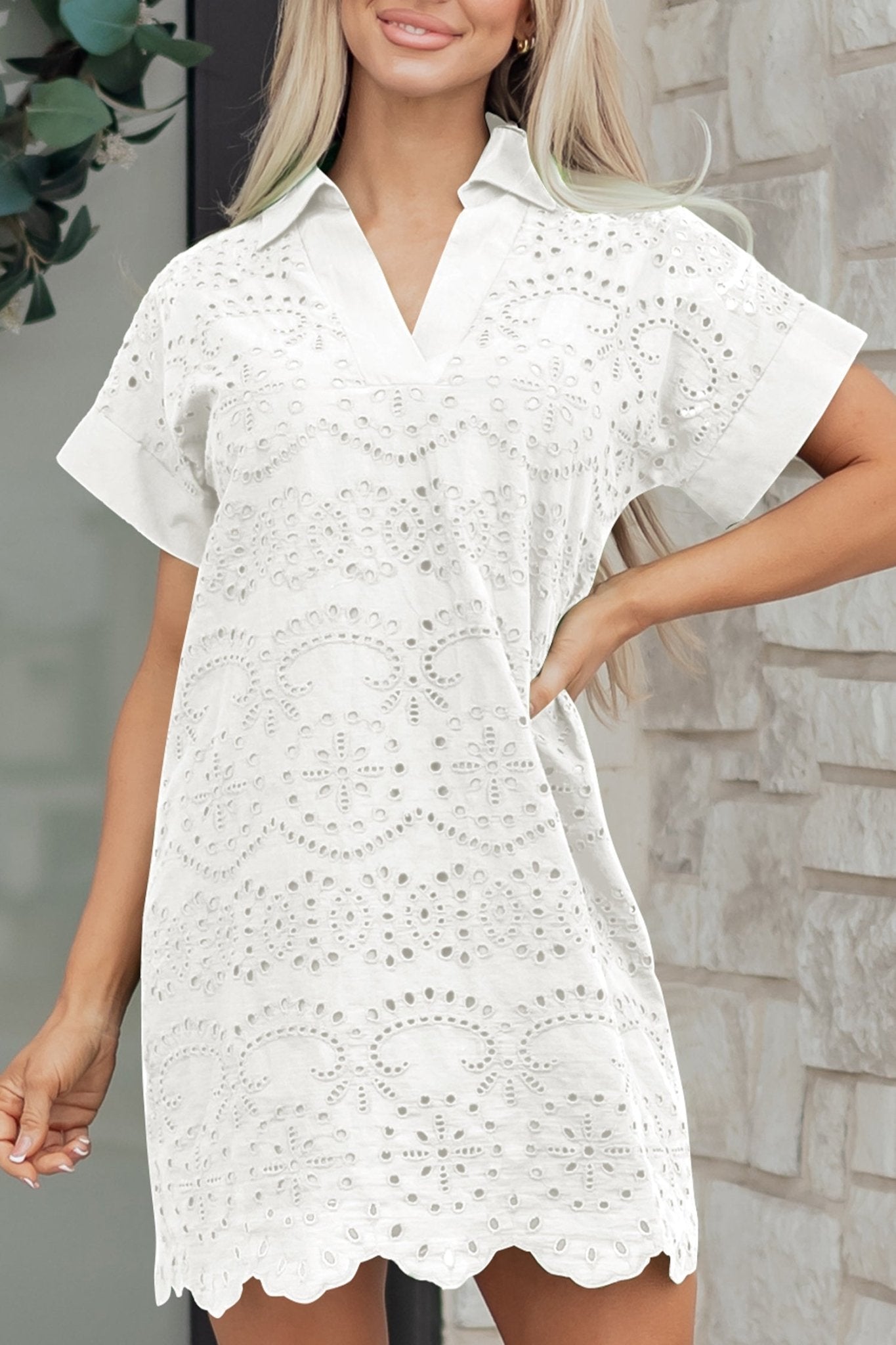 Solid Embroidered Eyelet Collared V-Neck Mini Dress - Rooted & Reckless Co.