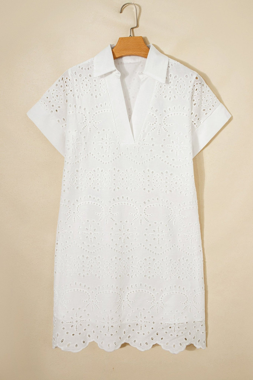 Solid Embroidered Eyelet Collared V-Neck Mini Dress - Rooted & Reckless Co.