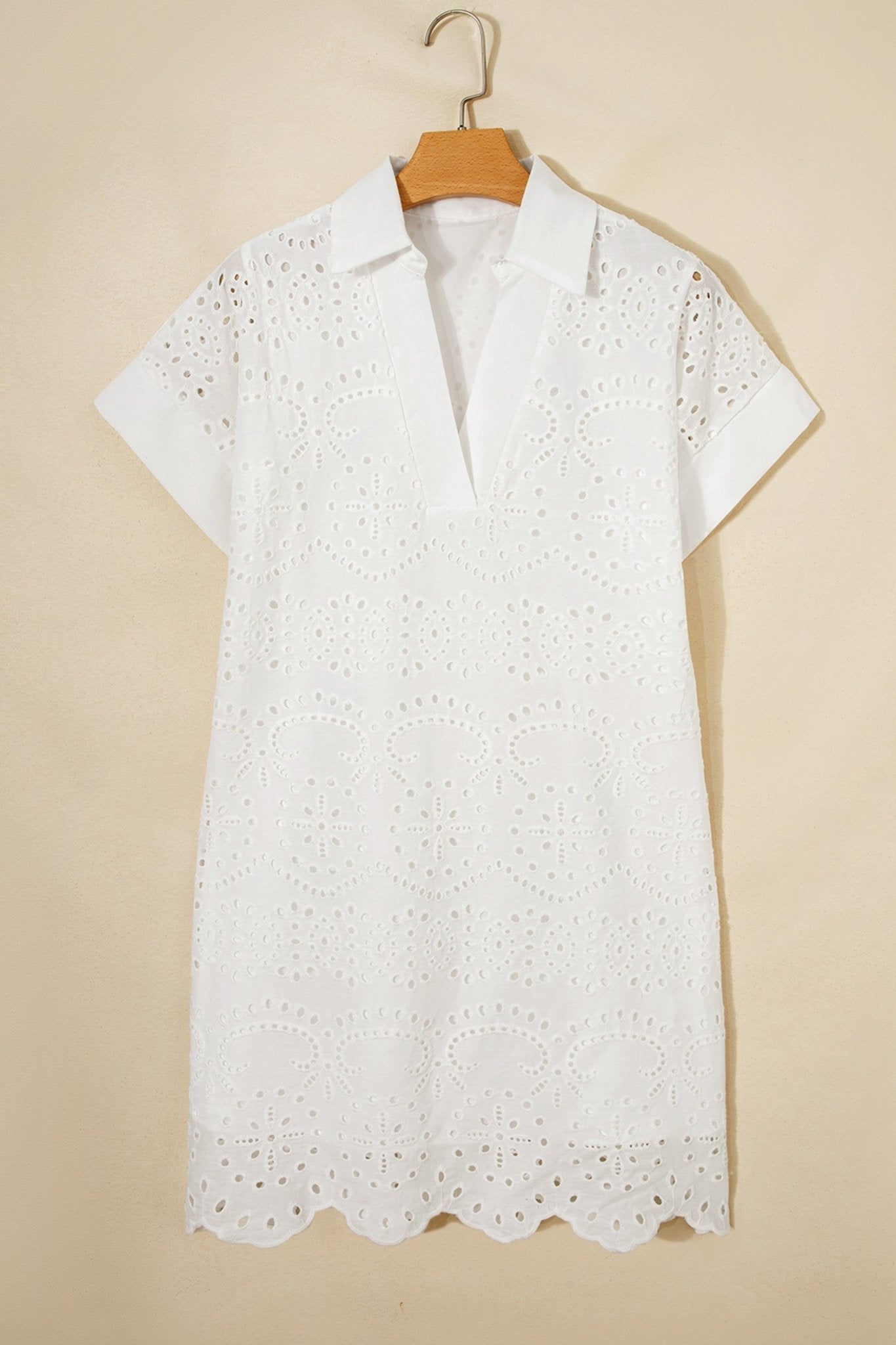 Solid Embroidered Eyelet Collared V-Neck Mini Dress - Rooted & Reckless Co.