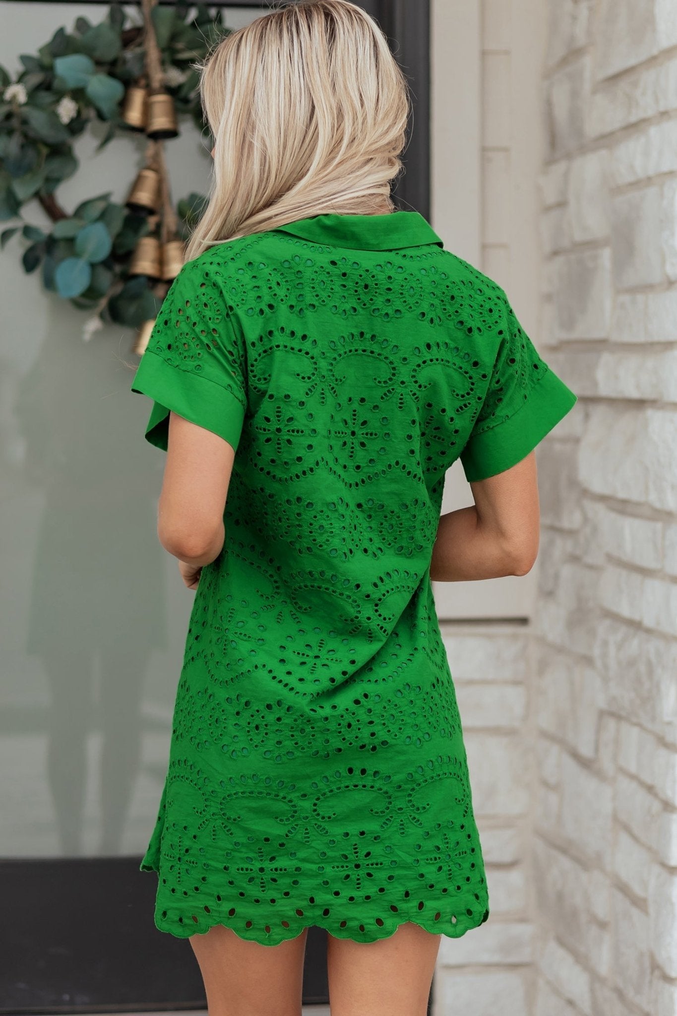 Solid Embroidered Eyelet Collared V-Neck Mini Dress - Rooted & Reckless Co.