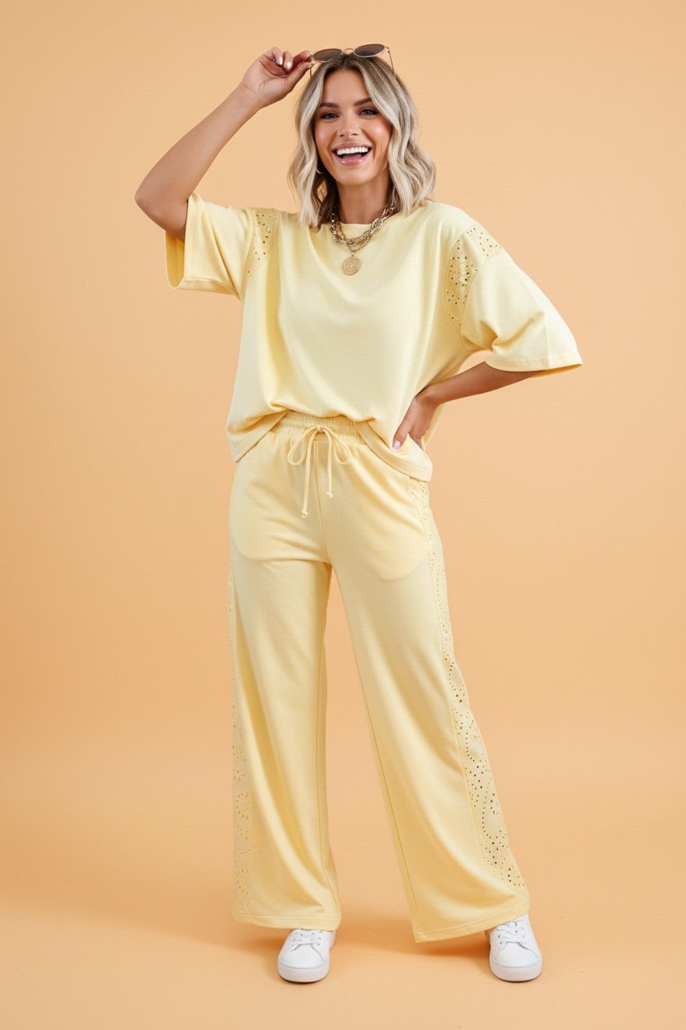 Solid Embroidered Eyelet Patchwork Top & Pants Set - Rooted & Reckless Co.