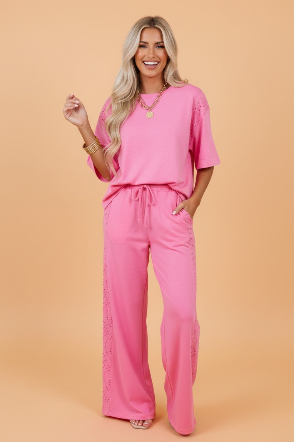Solid Embroidered Eyelet Patchwork Top & Pants Set - Rooted & Reckless Co.