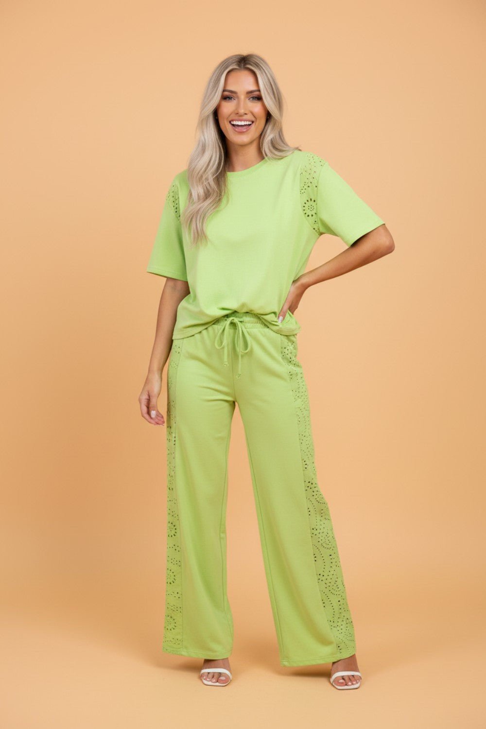 Solid Embroidered Eyelet Patchwork Top & Pants Set - Rooted & Reckless Co.