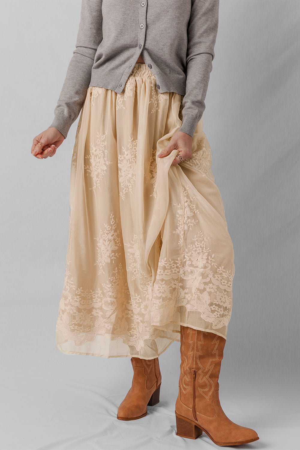 Solid Embroidered Mesh Overlay Midi Skirt - Rooted & Reckless Co.