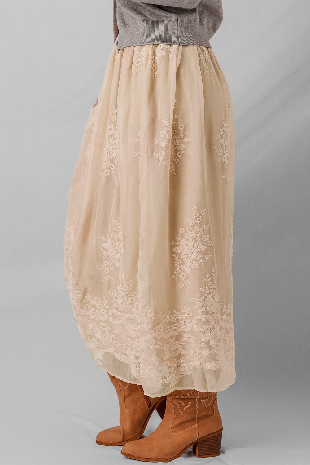 Solid Embroidered Mesh Overlay Midi Skirt - Rooted & Reckless Co.