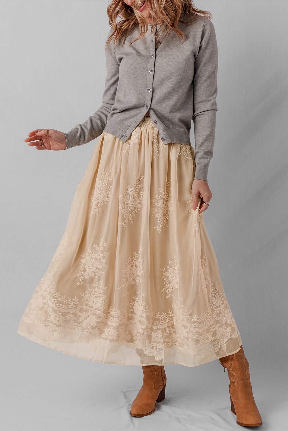 Solid Embroidered Mesh Overlay Midi Skirt - Rooted & Reckless Co.