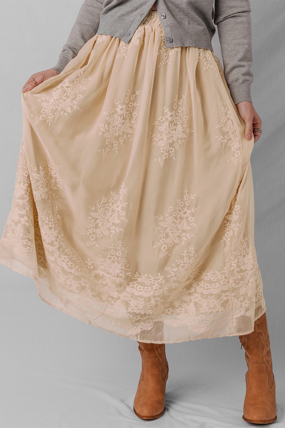 Solid Embroidered Mesh Overlay Midi Skirt - Rooted & Reckless Co.