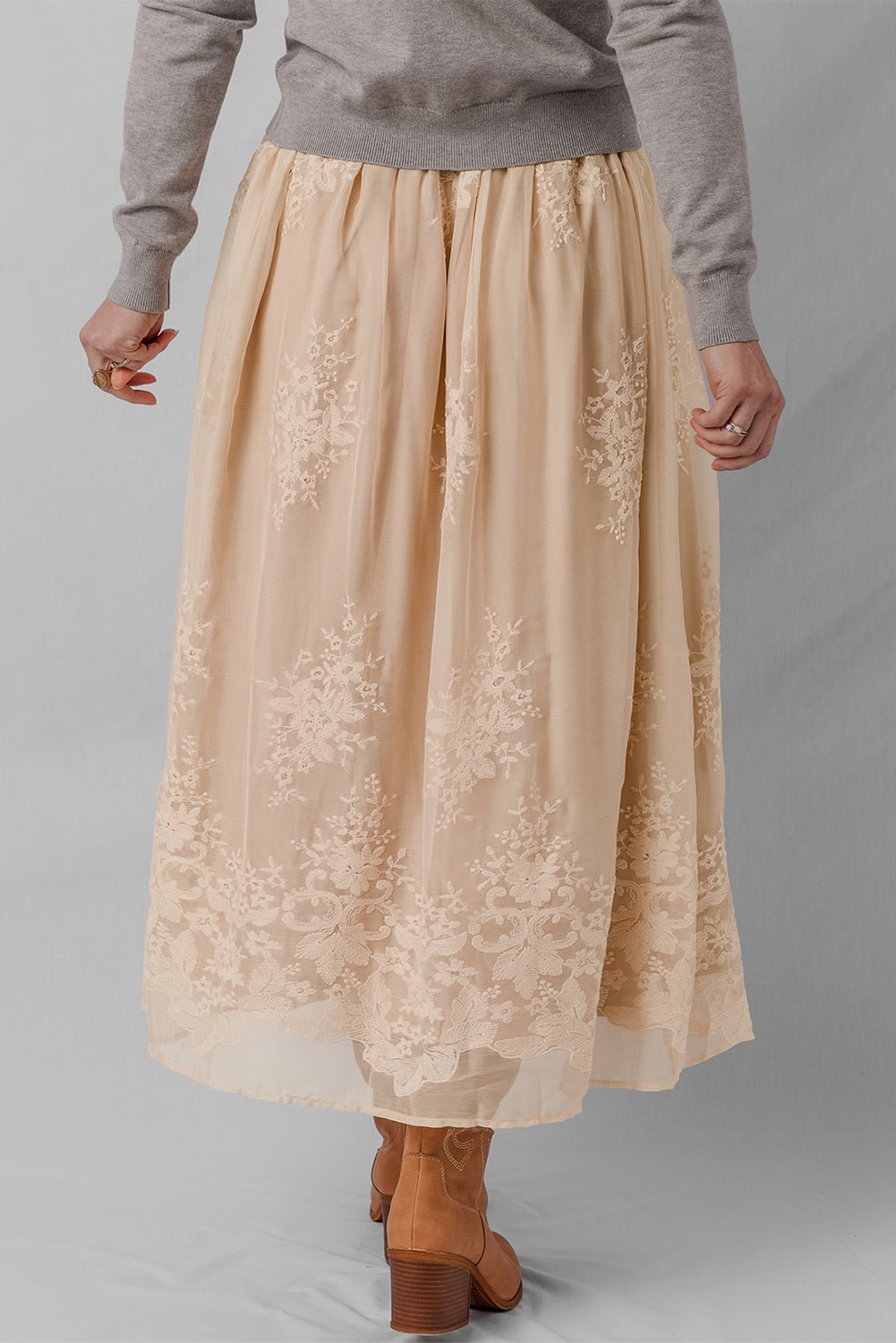 Solid Embroidered Mesh Overlay Midi Skirt - Rooted & Reckless Co.