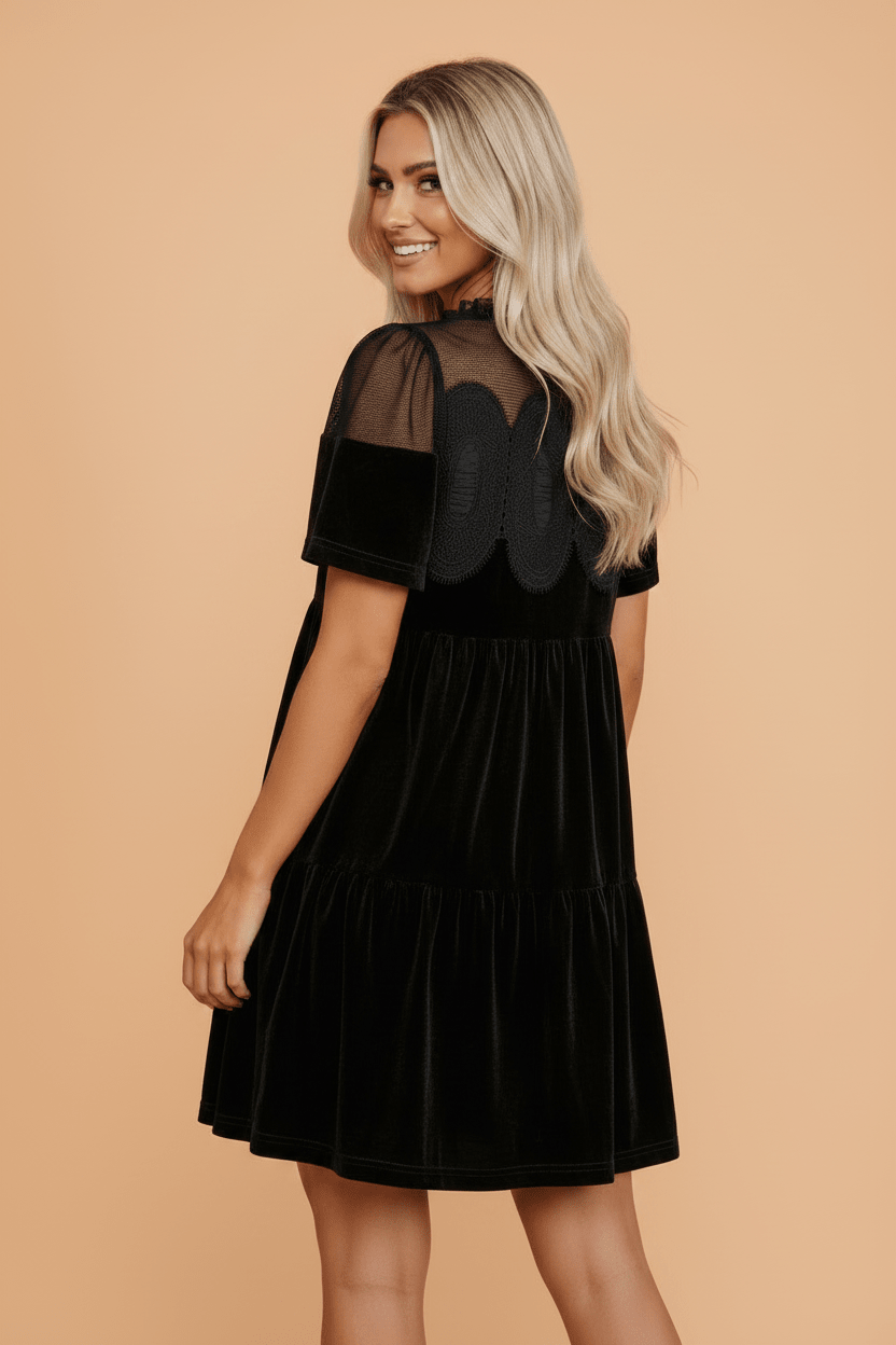 Solid Embroidered Mesh Patchwork Velvet Mini Dress - Rooted & Reckless Co.