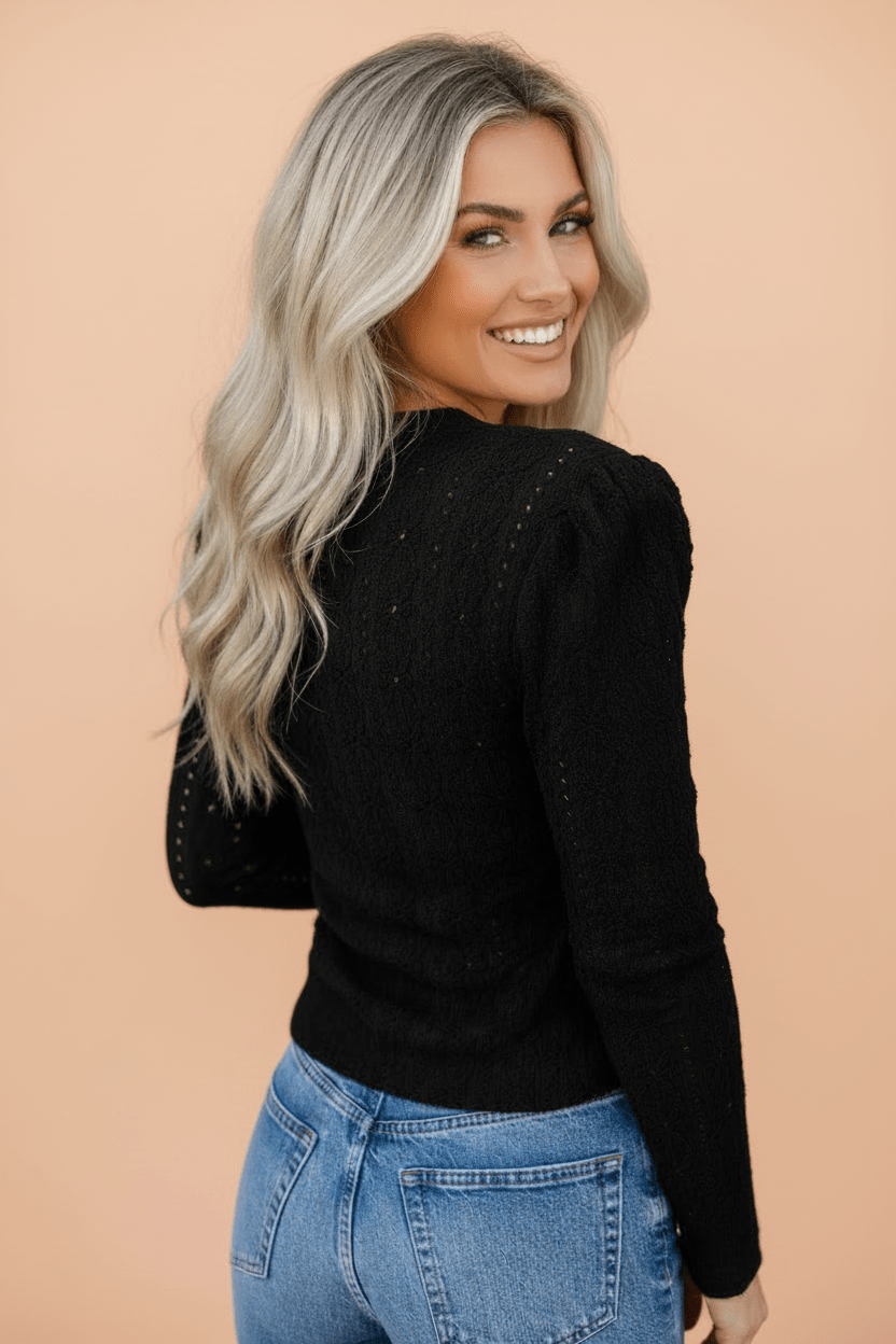 Solid Eyelet Knit Long Sleeve V-Neck Blouse - Rooted & Reckless Co.