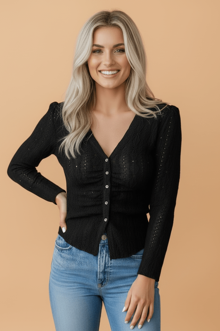 Solid Eyelet Knit Long Sleeve V-Neck Blouse - Rooted & Reckless Co.