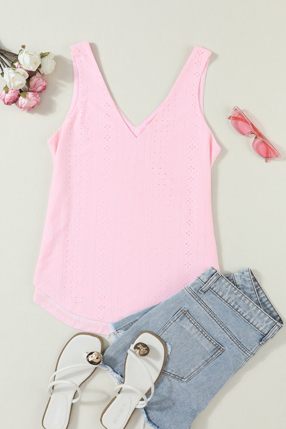 Solid Eyelet Knit V-Neck Loose Tank Top - Rooted & Reckless Co.