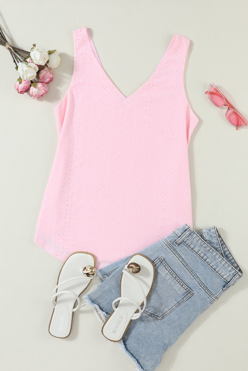 Solid Eyelet Knit V-Neck Loose Tank Top - Rooted & Reckless Co.