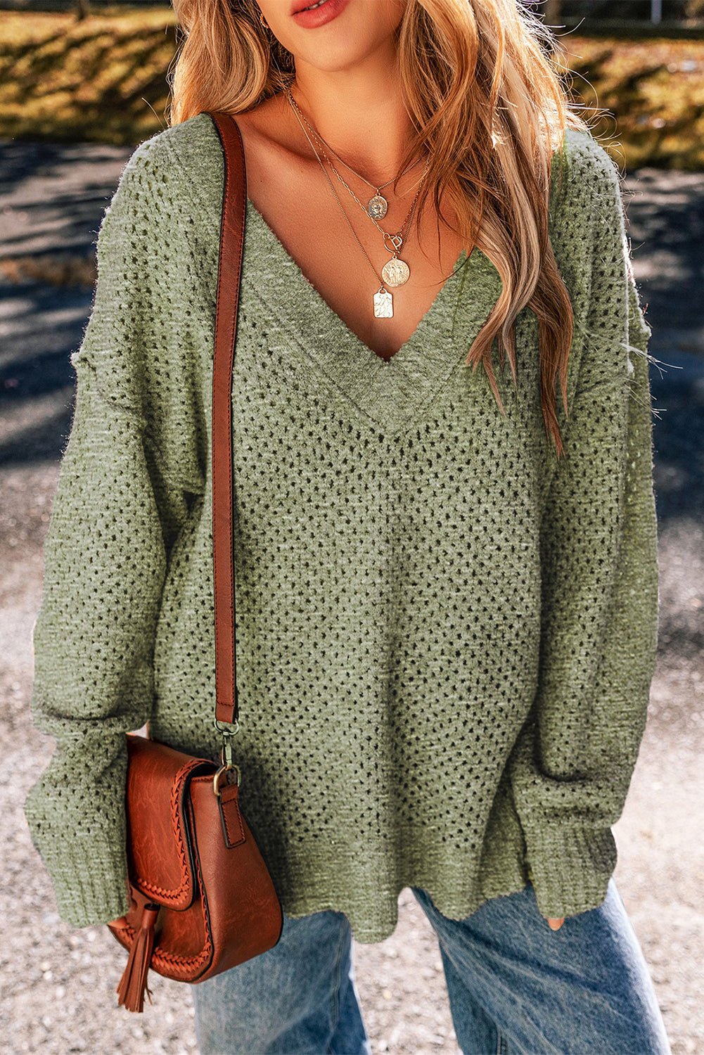 Solid Eyelet V-Neck Drop Shoulder Sweater - Rooted & Reckless Co.