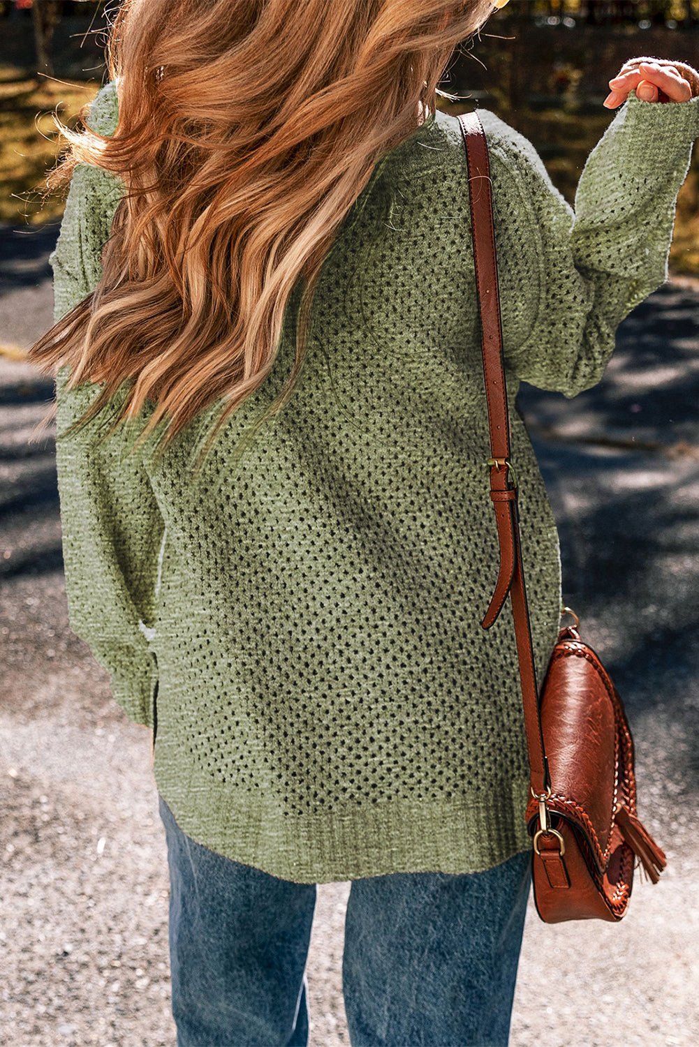 Solid Eyelet V-Neck Drop Shoulder Sweater - Rooted & Reckless Co.