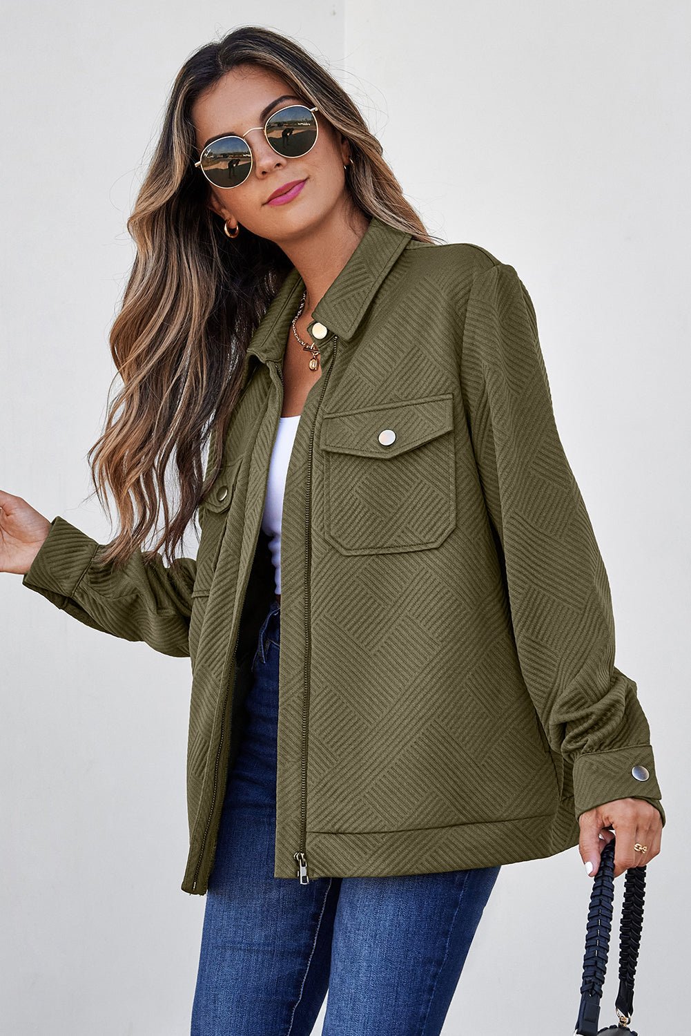 Solid Flap Pocket Shirt Collar Zip Up Jacket - Rooted & Reckless Co.
