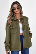 Solid Flap Pocket Shirt Collar Zip Up Jacket - Rooted & Reckless Co.