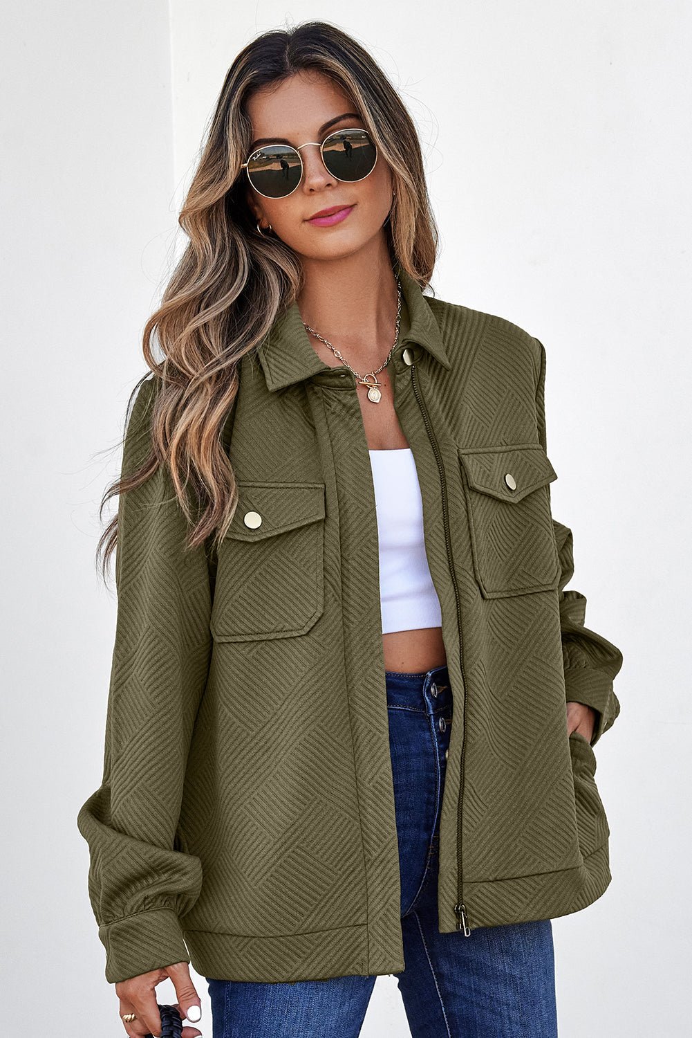 Solid Flap Pocket Shirt Collar Zip Up Jacket - Rooted & Reckless Co.