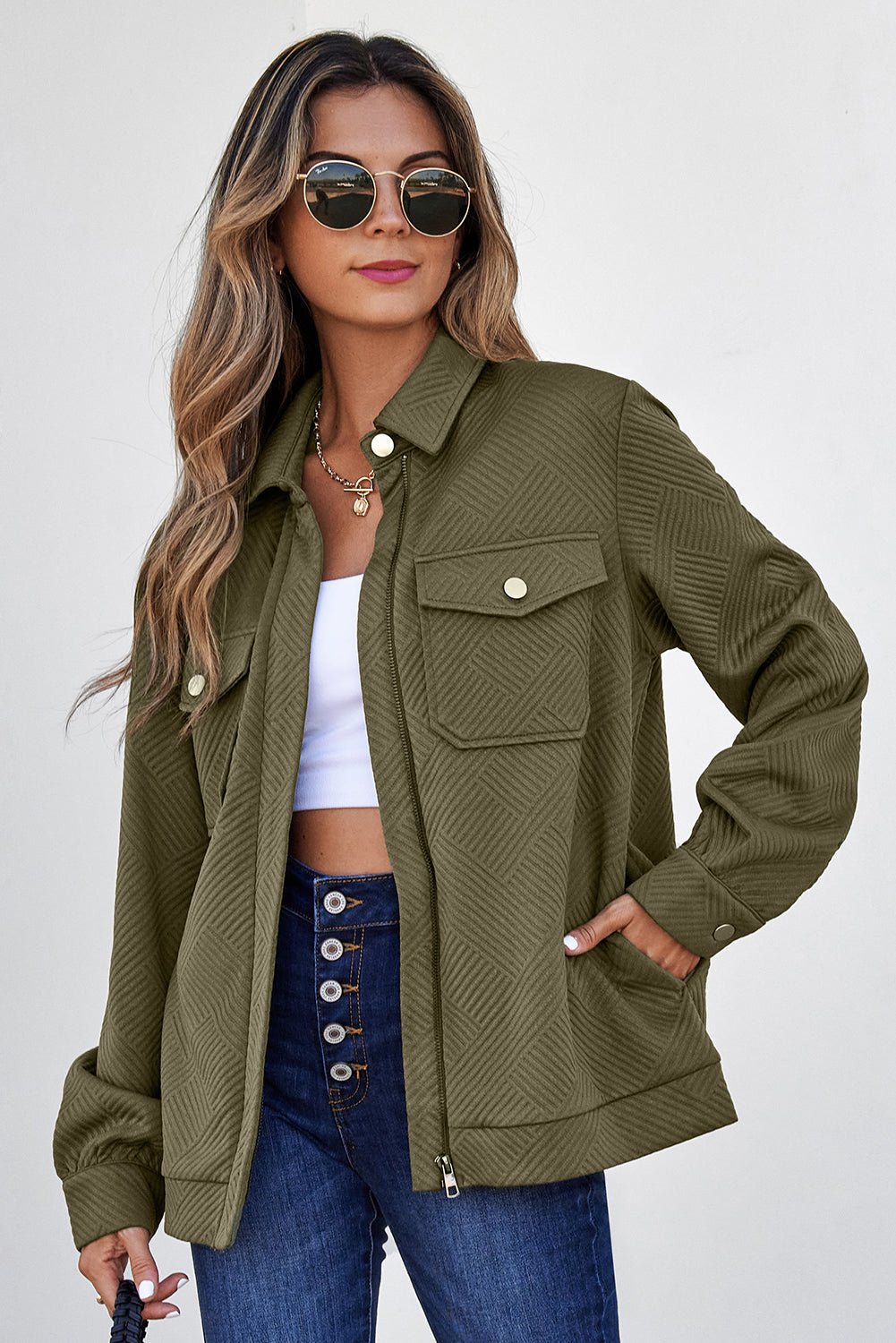 Solid Flap Pocket Shirt Collar Zip Up Jacket - Rooted & Reckless Co.
