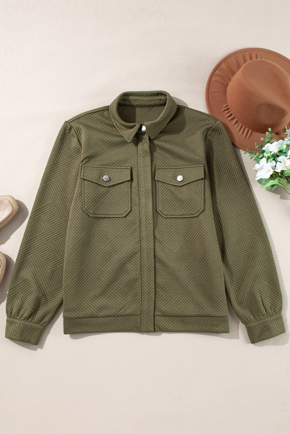 Solid Flap Pocket Shirt Collar Zip Up Jacket - Rooted & Reckless Co.