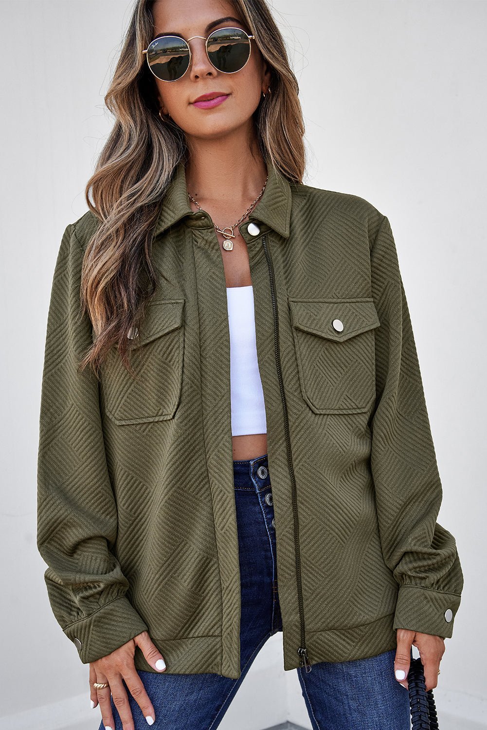 Solid Flap Pocket Shirt Collar Zip Up Jacket - Rooted & Reckless Co.
