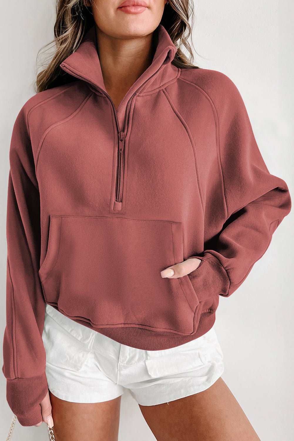Solid Fleece-Lined Half-Zip Up Collar Sweatshirt - Rooted & Reckless Co.