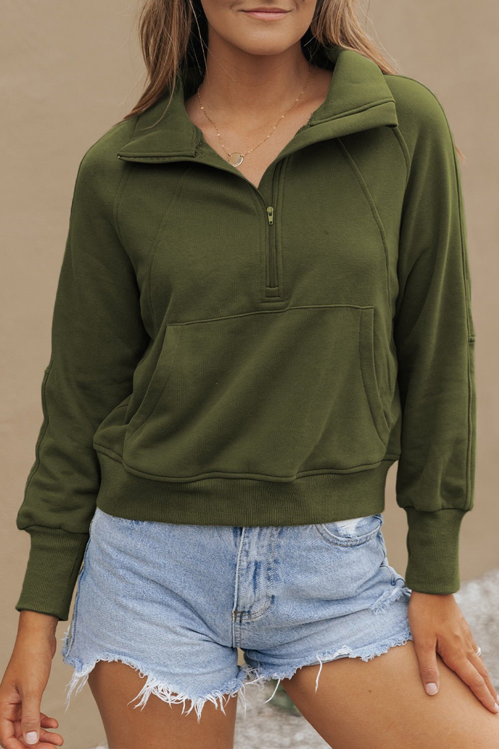 Solid Fleece-Lined Half-Zip Up Collar Sweatshirt - Rooted & Reckless Co.