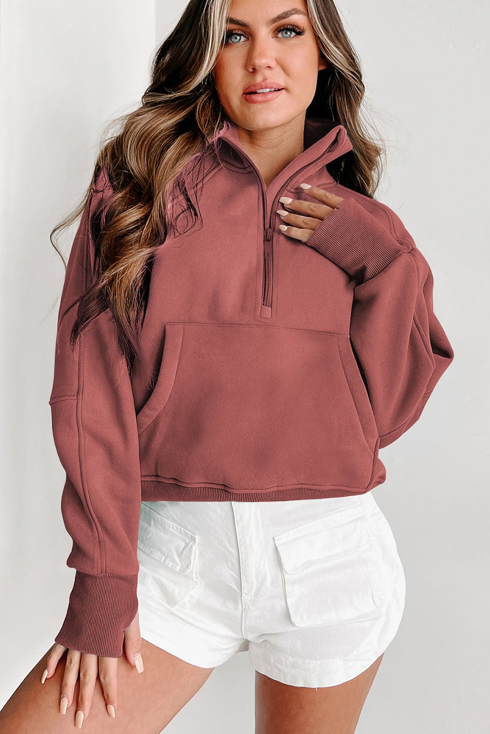 Solid Fleece-Lined Half-Zip Up Collar Sweatshirt - Rooted & Reckless Co.