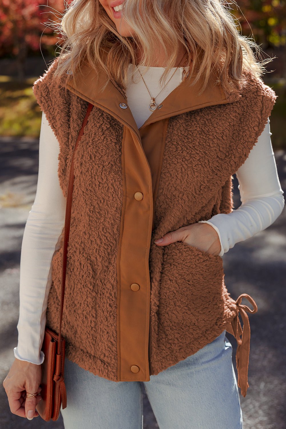 Solid Fleece Snap Button Side Tie Vest - Rooted & Reckless Co.
