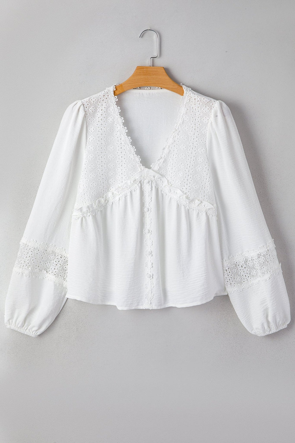 Solid Floral Guipure Lace Frilled Long Sleeve Blouse - Rooted & Reckless Co.