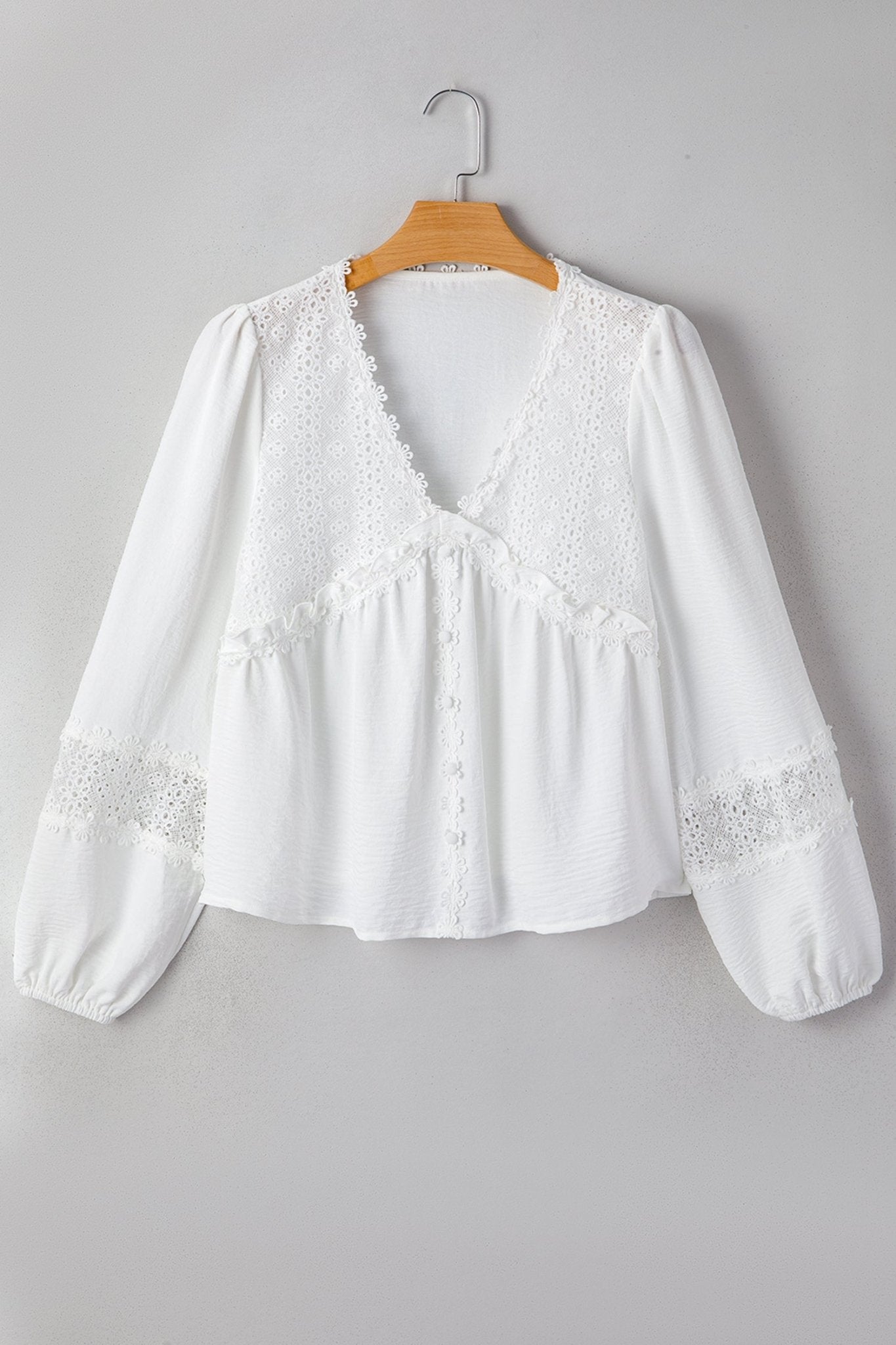 Solid Floral Guipure Lace Frilled Long Sleeve Blouse - Rooted & Reckless Co.