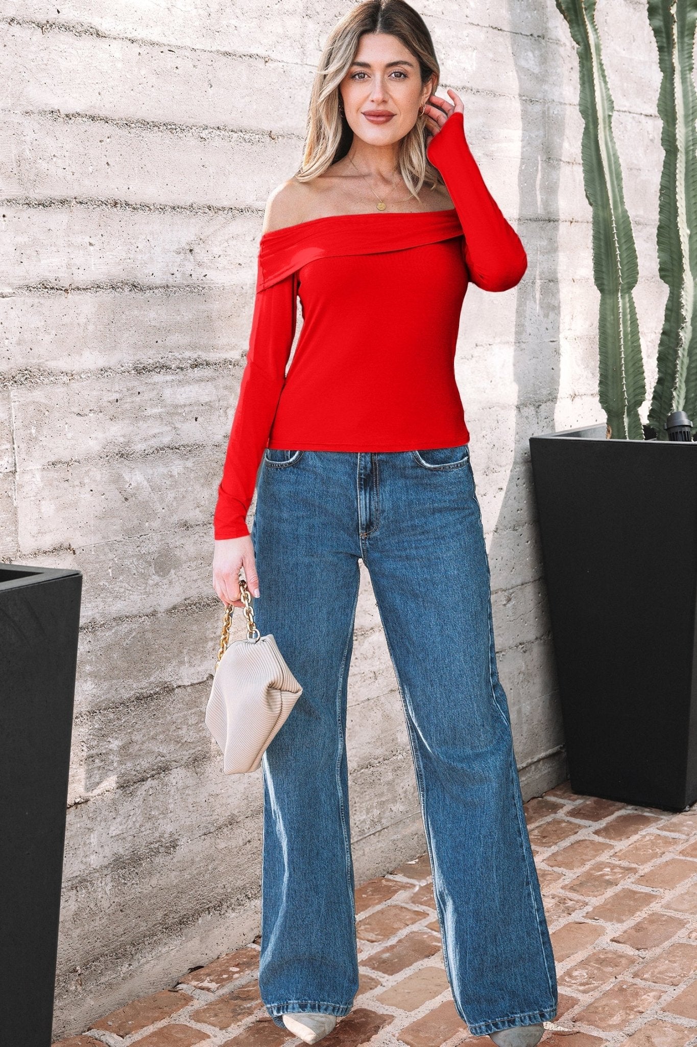 Solid Fold-Over Off-Shoulder Long Sleeve Top - Rooted & Reckless Co.