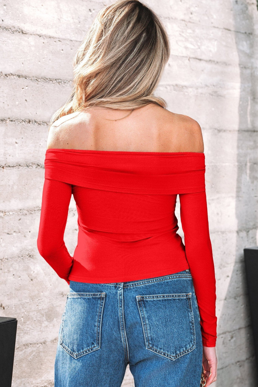 Solid Fold-Over Off-Shoulder Long Sleeve Top - Rooted & Reckless Co.
