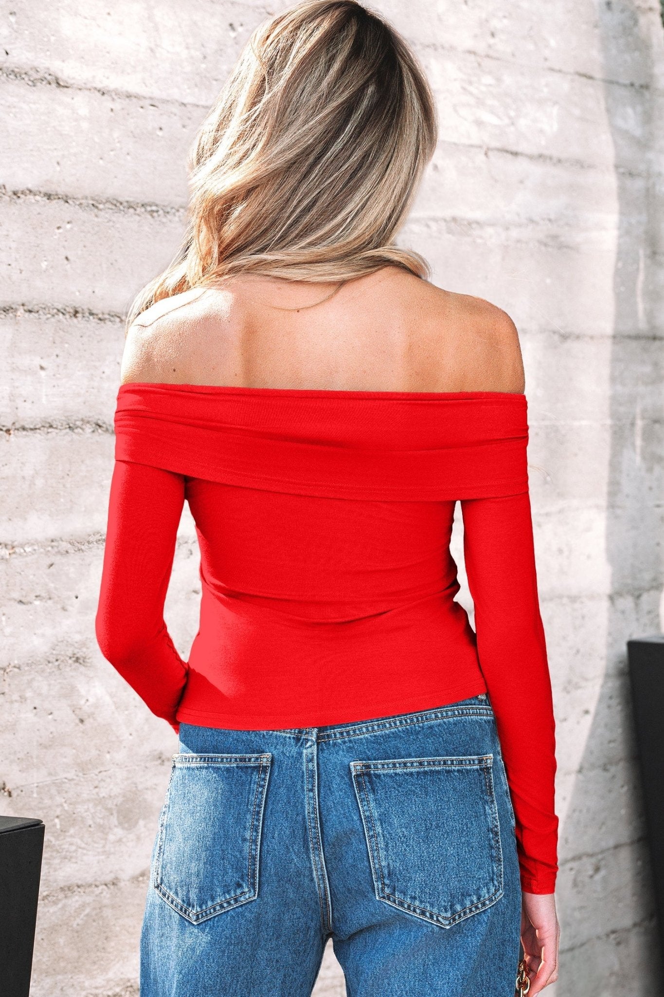 Solid Fold-Over Off-Shoulder Long Sleeve Top - Rooted & Reckless Co.