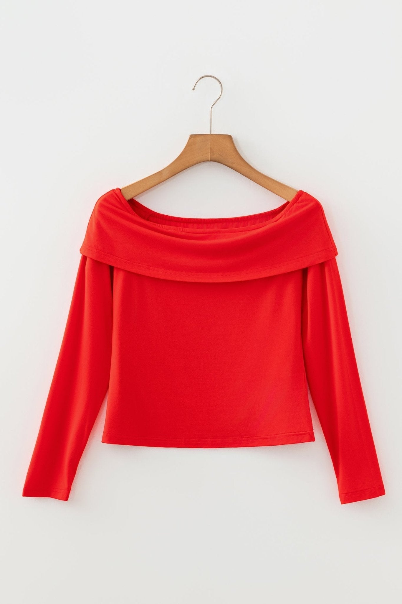 Solid Fold-Over Off-Shoulder Long Sleeve Top - Rooted & Reckless Co.
