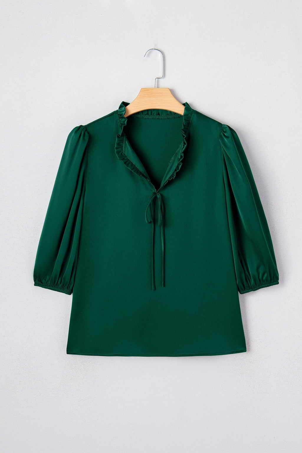 Solid Frilled Bow Tie V-Neck 3/4 Sleeve Blouse - Rooted & Reckless Co.