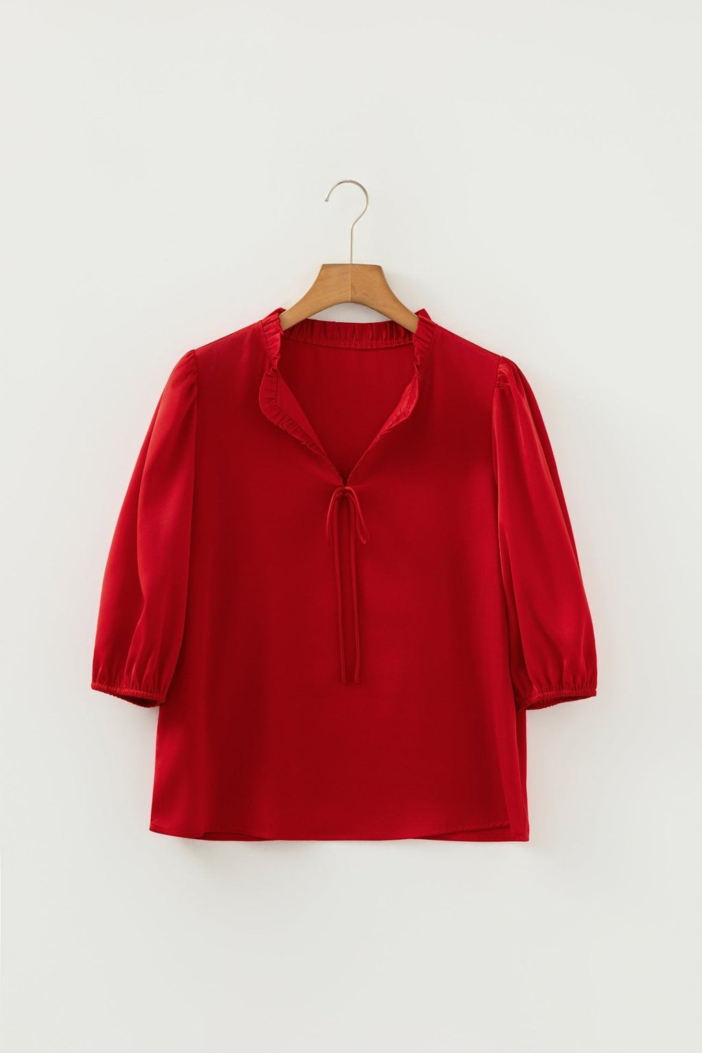 Solid Frilled Bow Tie V-Neck 3/4 Sleeve Blouse - Rooted & Reckless Co.