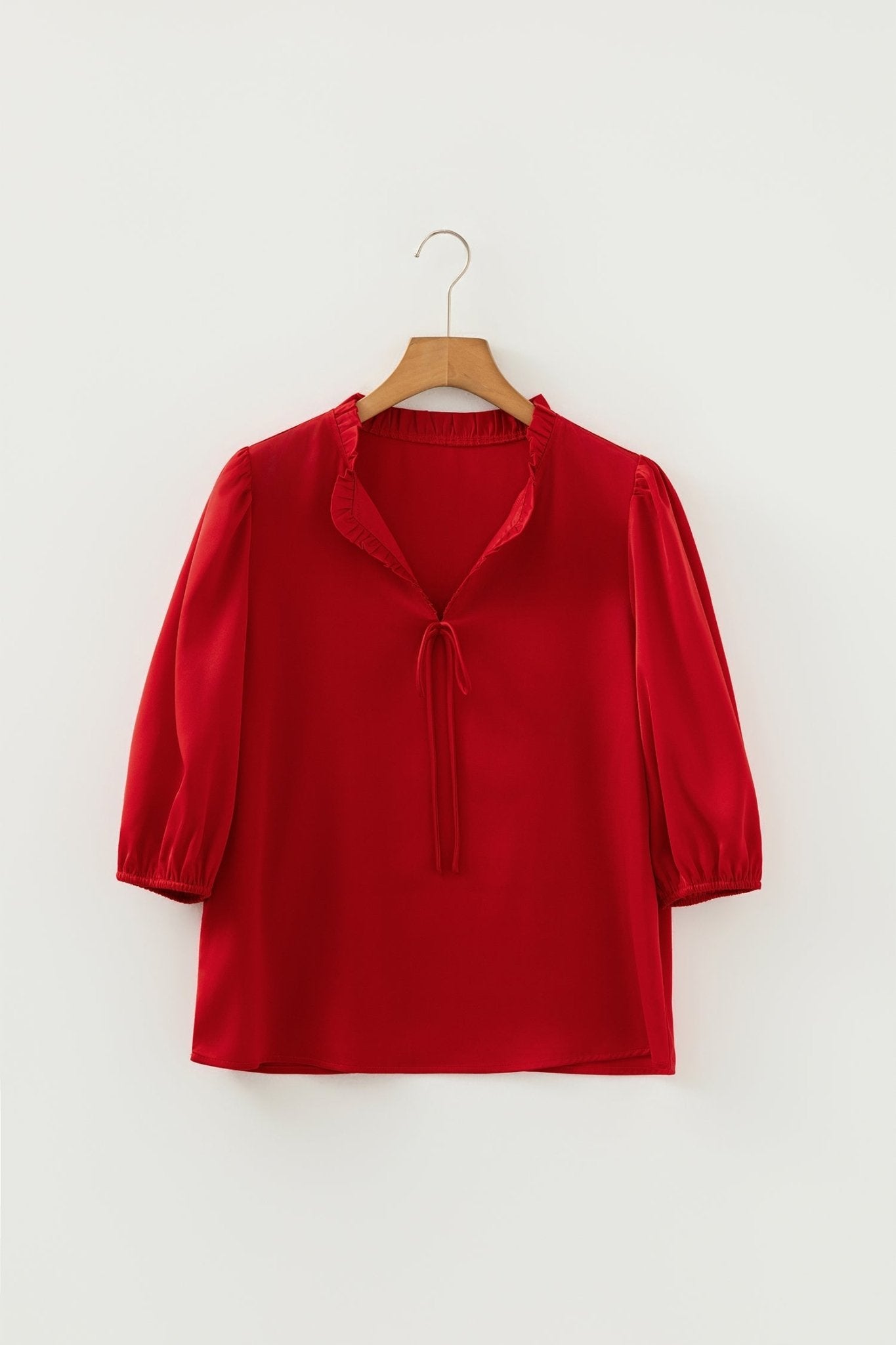 Solid Frilled Bow Tie V-Neck 3/4 Sleeve Blouse - Rooted & Reckless Co.