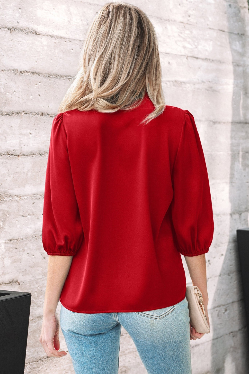 Solid Frilled Bow Tie V-Neck 3/4 Sleeve Blouse - Rooted & Reckless Co.