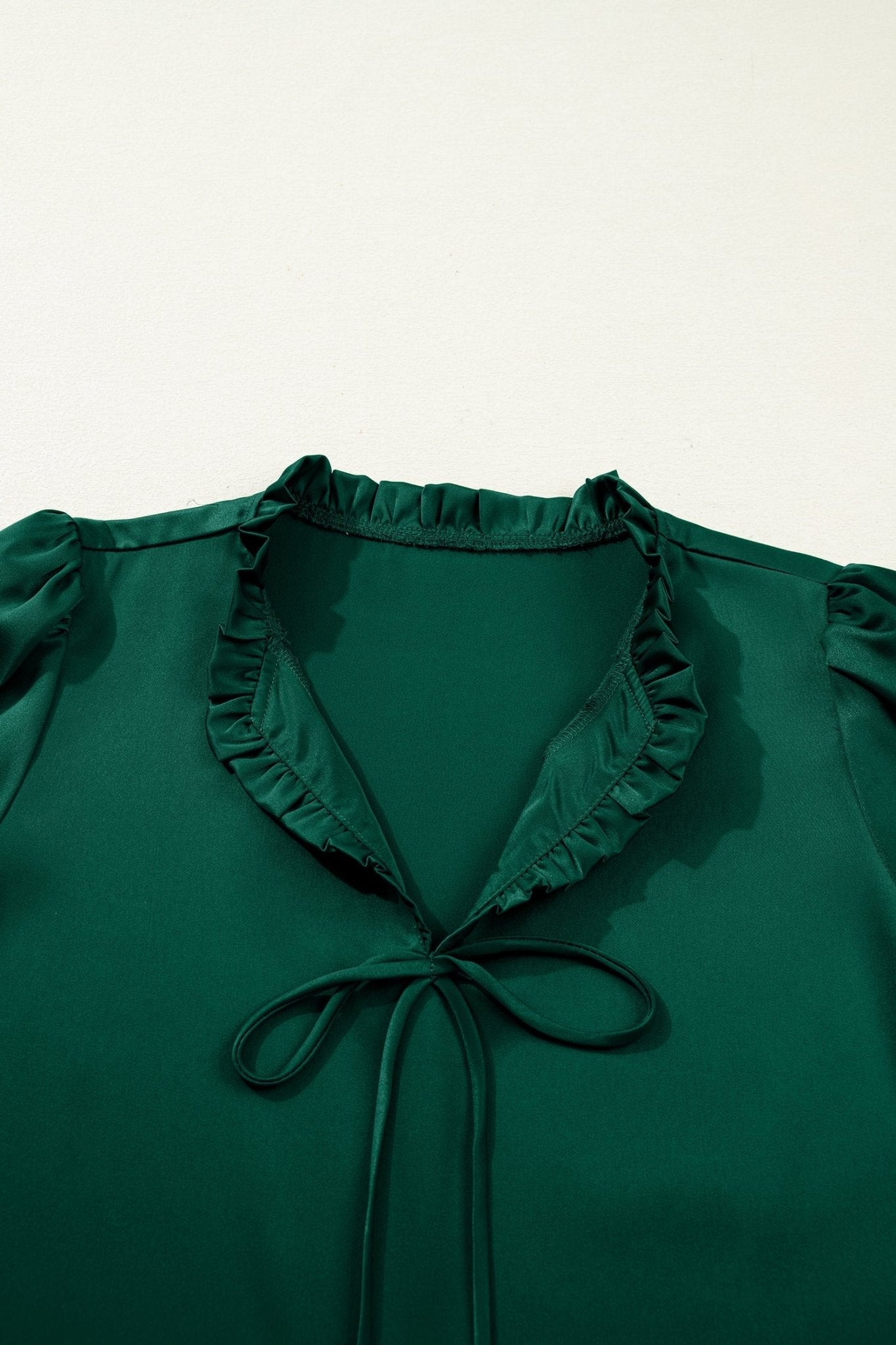 Solid Frilled Bow Tie V-Neck 3/4 Sleeve Blouse - Rooted & Reckless Co.