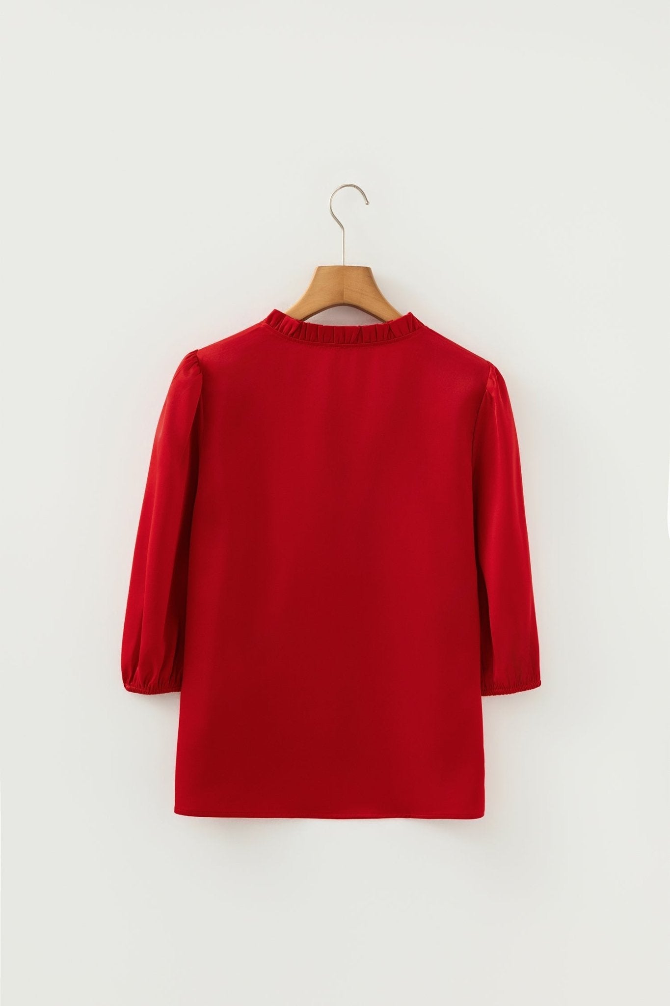 Solid Frilled Bow Tie V-Neck 3/4 Sleeve Blouse - Rooted & Reckless Co.