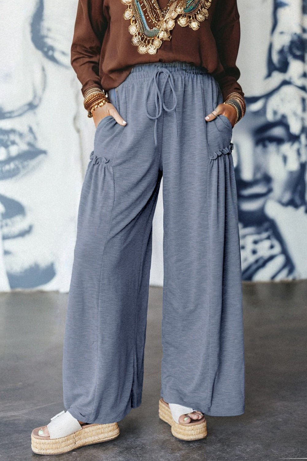 Solid Frilled Leg Drawstring Elastic Waist Pants - Rooted & Reckless Co.